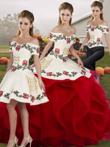 White And Red Sweet 16 Dress Military Ball and Sweet 16 and Quinceanera with Embroidery and Ruffles Off The Shoulder Sleeveless Lace Up