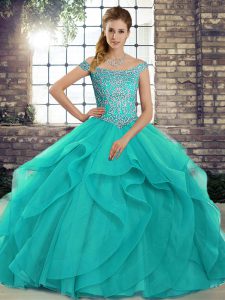 Aqua Blue Ball Gowns Off The Shoulder Sleeveless Tulle Brush Train Lace Up Beading and Ruffles Sweet 16 Quinceanera Dress