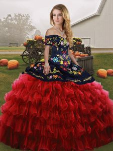 Inexpensive Ball Gowns 15 Quinceanera Dress Red And Black Off The Shoulder Organza Sleeveless Floor Length Lace Up