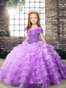 Lilac Sleeveless Organza Brush Train Lace Up Pageant Dress Wholesale for Party and Wedding Party