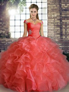 Watermelon Red Ball Gowns Beading and Ruffles 15th Birthday Dress Lace Up Organza Sleeveless Floor Length