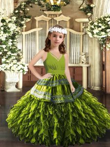 Ball Gowns Girls Pageant Dresses Olive Green V-neck Organza Sleeveless Floor Length Zipper