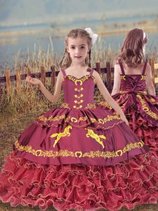 Wine Red Sleeveless Beading and Embroidery and Ruffled Layers Floor Length Girls Pageant Dresses