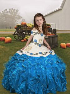 Blue and Baby Blue Lace Up Straps Embroidery and Ruffles Child Pageant Dress Organza Sleeveless