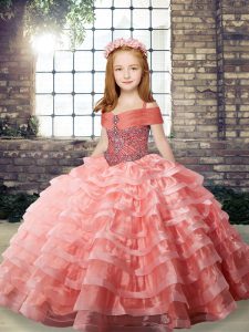 Luxury Watermelon Red Straps Lace Up Beading and Ruffled Layers Little Girls Pageant Dress Brush Train Sleeveless