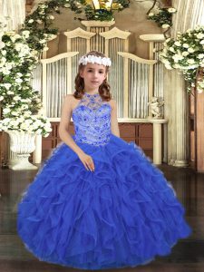 Fantastic Royal Blue Tulle Lace Up Pageant Gowns For Girls Sleeveless Floor Length Beading and Ruffles