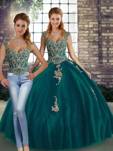 Chic Peacock Green Lace Up Straps Beading and Appliques Ball Gown Prom Dress Tulle Sleeveless