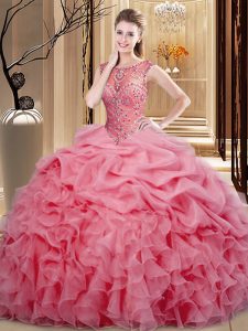 Pink Sleeveless Beading and Ruffles and Pick Ups Floor Length 15 Quinceanera Dress