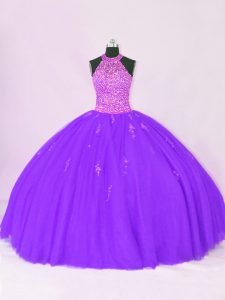 Purple Ball Gowns Halter Top Sleeveless Organza Floor Length Lace Up Beading and Appliques Quinceanera Gowns