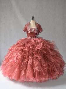 Popular Strapless Sleeveless 15 Quinceanera Dress Floor Length Beading and Ruffles Red