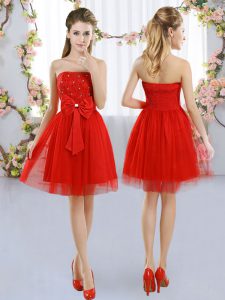 Elegant Red Empire Strapless Sleeveless Tulle Mini Length Side Zipper Beading and Bowknot Court Dresses for Sweet 16