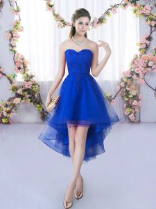 Royal Blue Sleeveless High Low Lace Lace Up Quinceanera Court of Honor Dress