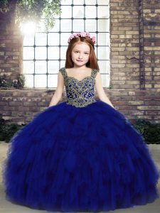 Excellent Royal Blue Tulle Lace Up Kids Pageant Dress Sleeveless Beading and Ruffles
