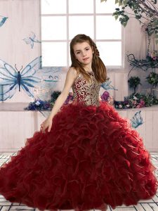 Wine Red Sleeveless Floor Length Beading and Ruffles Lace Up Little Girl Pageant Gowns