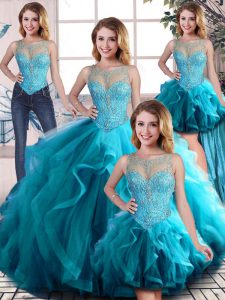 Aqua Blue Ball Gowns Tulle Scoop Sleeveless Beading and Ruffles Floor Length Lace Up Quinceanera Dress