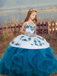 Sweet Blue Lace Up Straps Embroidery and Ruffles Little Girls Pageant Dress Wholesale Sleeveless
