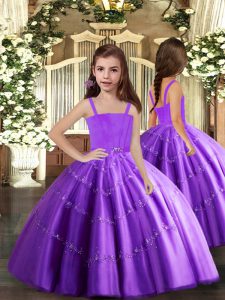 Purple Sleeveless Beading Floor Length Kids Pageant Dress