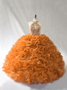 Unique Orange and Brown Ball Gowns Halter Top Sleeveless Organza Brush Train Lace Up Beading and Ruffles Sweet 16 Quinceanera Dress