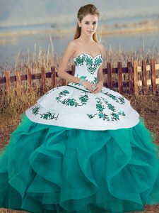 Turquoise Ball Gowns Tulle Sweetheart Sleeveless Embroidery and Ruffles and Bowknot Floor Length Lace Up 15th Birthday Dress