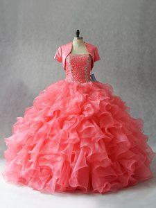 Strapless Sleeveless Lace Up 15 Quinceanera Dress Watermelon Red Organza and Tulle