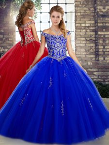 Royal Blue Quinceanera Dresses Military Ball and Sweet 16 and Quinceanera with Beading Off The Shoulder Sleeveless Lace Up