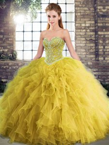 Gold Tulle Lace Up Sweetheart Sleeveless Floor Length 15th Birthday Dress Beading and Ruffles