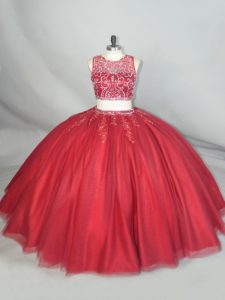 Top Selling Red Tulle Zipper Quince Ball Gowns Sleeveless Floor Length Beading and Appliques