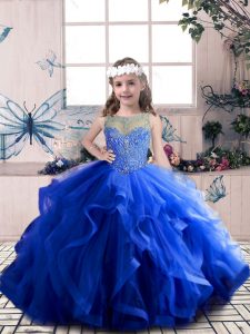 Super Royal Blue Ball Gowns Scoop Sleeveless Tulle Floor Length Lace Up Beading and Ruffles Kids Pageant Dress