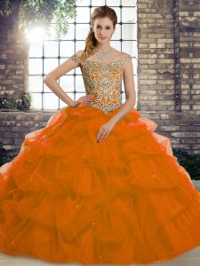 Top Selling Rust Red Ball Gowns Off The Shoulder Sleeveless Tulle Brush Train Lace Up Beading and Pick Ups 15 Quinceanera Dress