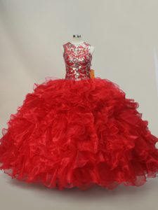 Colorful Red Lace Up Quince Ball Gowns Ruffles and Sequins Sleeveless Floor Length