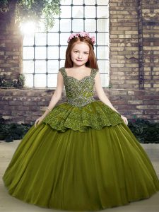 Winning Pageant Gowns Olive Green Straps Tulle Sleeveless Floor Length Lace Up