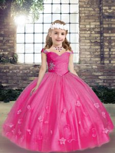 Luxurious Hot Pink Tulle Lace Up Straps Sleeveless Floor Length Pageant Dress Womens Beading and Hand Made Flower