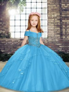 Eye-catching Floor Length Ball Gowns Sleeveless Blue Kids Pageant Dress Lace Up