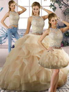 Beautiful Champagne Two Pieces Tulle Scoop Sleeveless Beading and Ruffles Floor Length Zipper Sweet 16 Quinceanera Dress