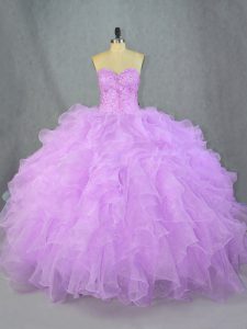 Nice Floor Length Lavender Sweet 16 Dress Organza Sleeveless Beading and Ruffles