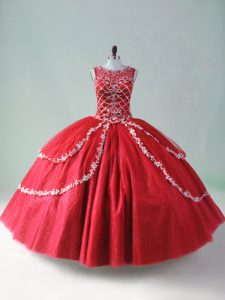 Ball Gowns Quince Ball Gowns Red Scoop Tulle Sleeveless Floor Length Zipper