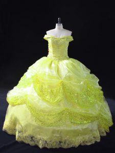 Floor Length Ball Gowns Sleeveless Yellow Green Quince Ball Gowns Lace Up