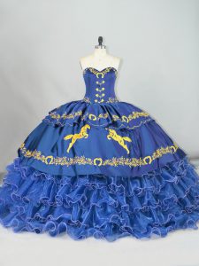 Eye-catching Blue Lace Up Sweetheart Embroidery and Ruffled Layers Sweet 16 Dresses Satin and Organza Sleeveless Brush Train