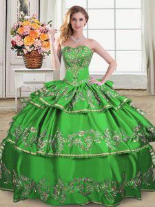 Discount Sweetheart Sleeveless 15 Quinceanera Dress Floor Length Ruffled Layers Green Satin and Organza
