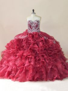 Vintage Lace Up Sweet 16 Quinceanera Dress Wine Red for Sweet 16 and Quinceanera with Beading and Appliques and Ruffles Brush Train