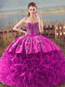 Fashionable Fuchsia Ball Gowns Fabric With Rolling Flowers Sweetheart Sleeveless Embroidery and Ruffles Lace Up Quinceanera Dresses Brush Train
