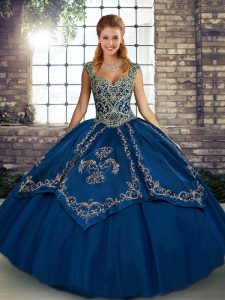 Sleeveless Tulle Floor Length Lace Up 15th Birthday Dress in Blue with Beading and Embroidery