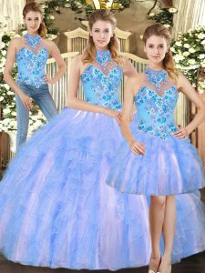 Shining Ball Gowns Sweet 16 Dress Multi-color Halter Top Tulle Sleeveless Floor Length Lace Up