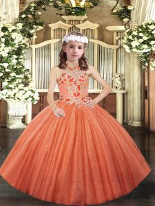 Orange Halter Top Lace Up Appliques Child Pageant Dress Sleeveless
