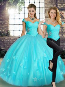 Aqua Blue Lace Up Off The Shoulder Beading and Appliques Quinceanera Dresses Tulle Sleeveless