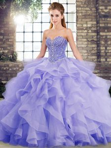 Lavender Tulle Lace Up Ball Gown Prom Dress Sleeveless Brush Train Beading and Ruffles