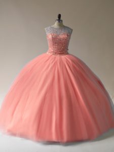 Floor Length Peach Sweet 16 Quinceanera Dress Scoop Sleeveless Lace Up