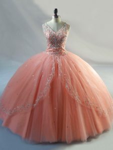 Delicate Peach Lace Up V-neck Beading 15th Birthday Dress Tulle Sleeveless