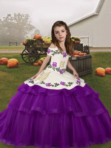 Excellent Sleeveless Lace Up Floor Length Embroidery and Ruffled Layers Little Girls Pageant Dress Wholesale