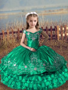 Turquoise Sleeveless Embroidery and Ruffled Layers Floor Length Girls Pageant Dresses